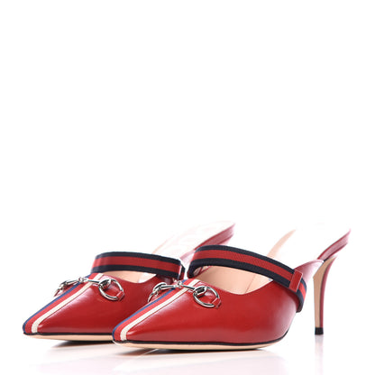 Gucci Malaga Kid Sylvie Web Cross Strap Mid-Heel Slides 38.5 Hibiscus Red 3 of 9