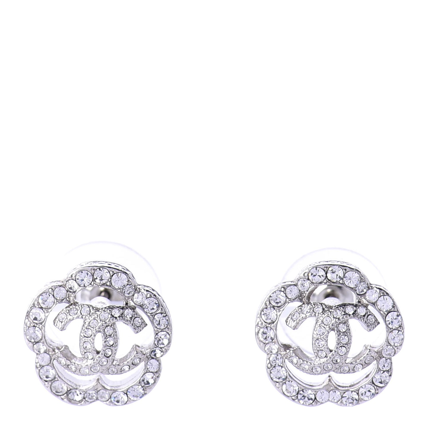 Crystal Coco Flapper Camellia CC Stud Earrings Silver