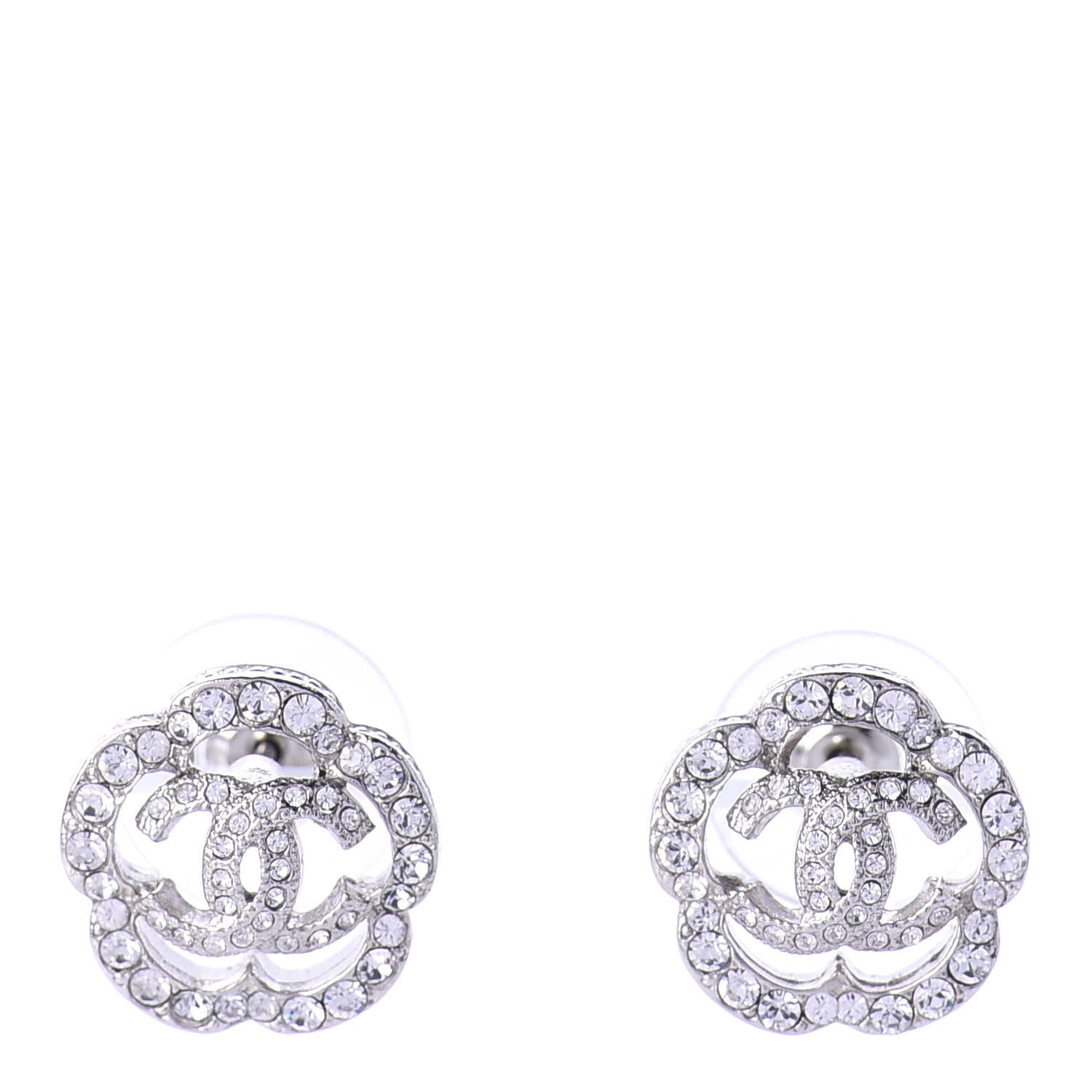 Chanel Crystal Coco Flapper Camellia CC Stud Earrings Silver 1 of 5