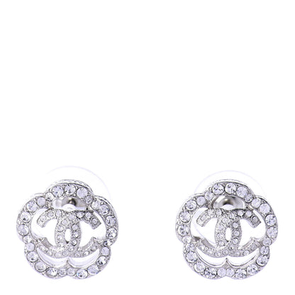 Chanel Crystal Coco Flapper Camellia CC Stud Earrings Silver 1 of 5