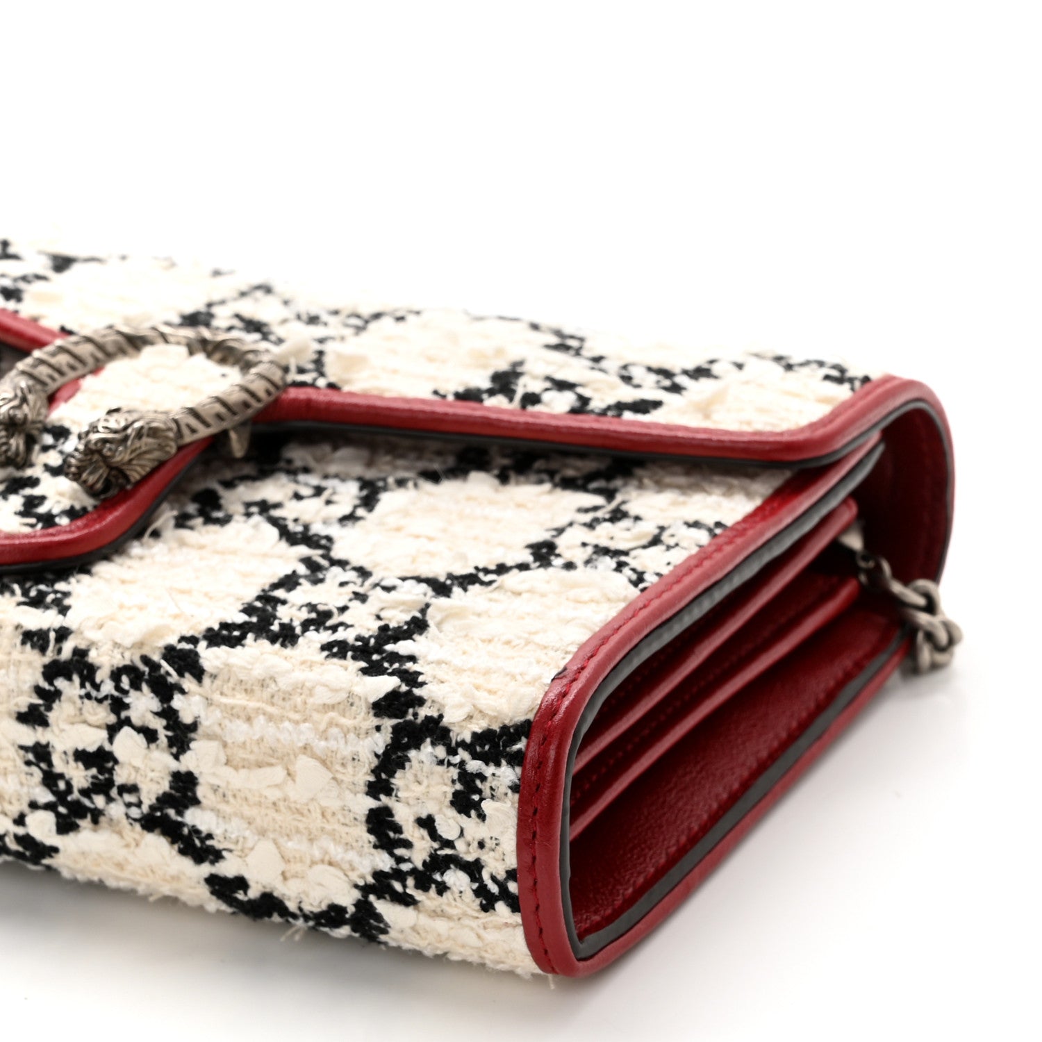 Gucci Tweed GG Monogram Mini Dionysus Chain Wallet White Black Romantic Cherry 10 of 10