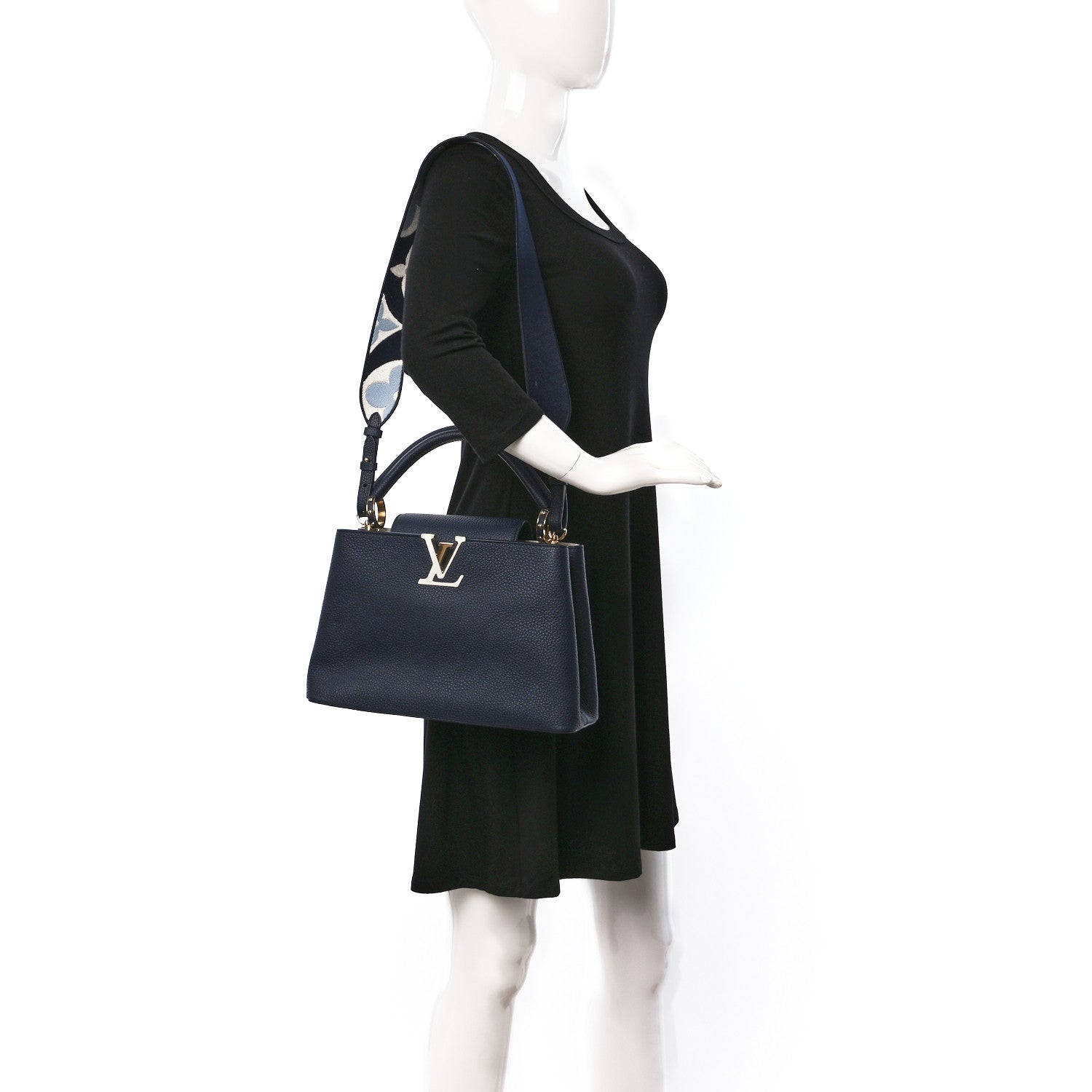 Louis Vuitton Taurillon Flower Power Embroidered Strap Capucines MM Marine Blue Cream 2 of 9