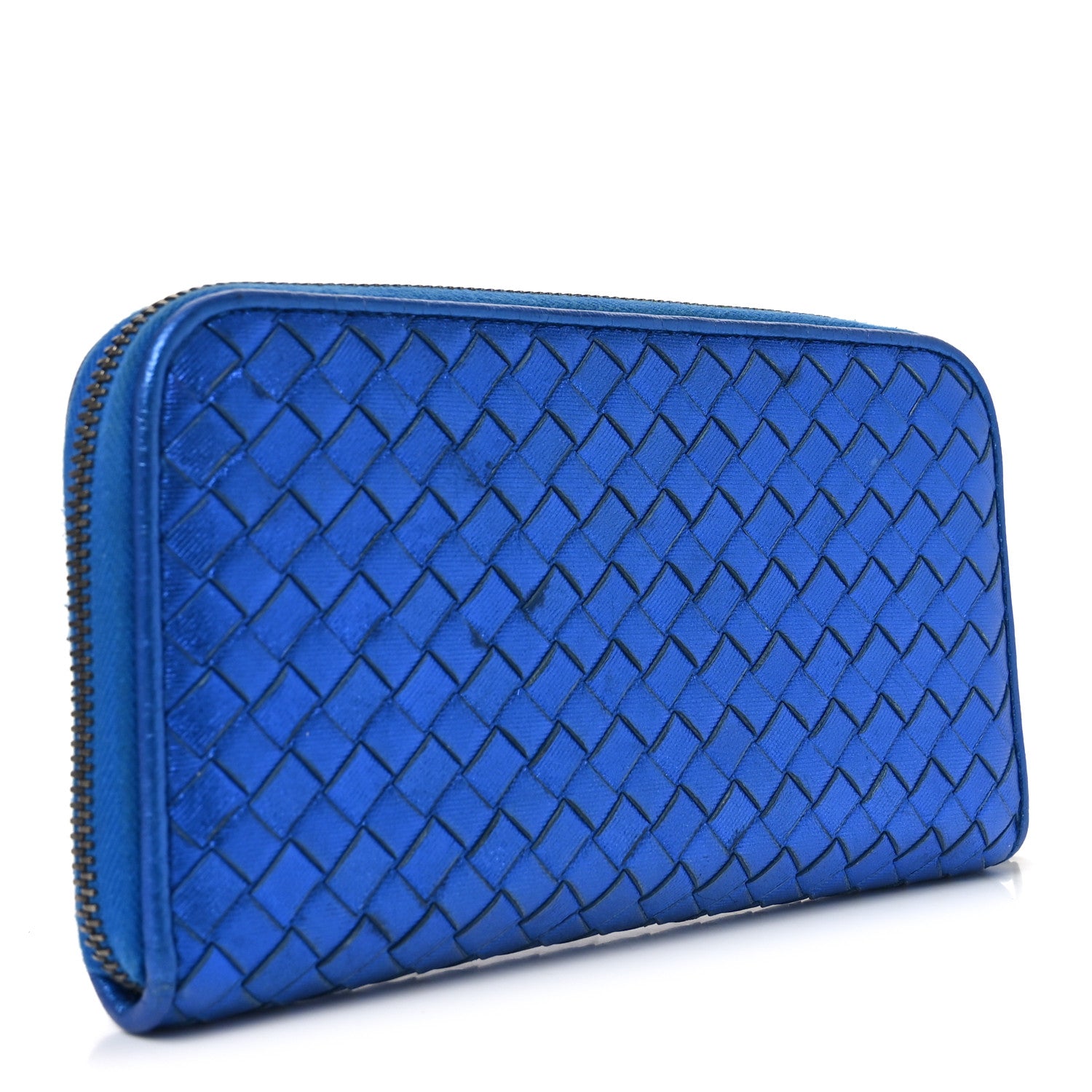 Bottega Veneta Metallic Grosgrain Intrecciato Zip Around Wallet Cobalt 3 of 10