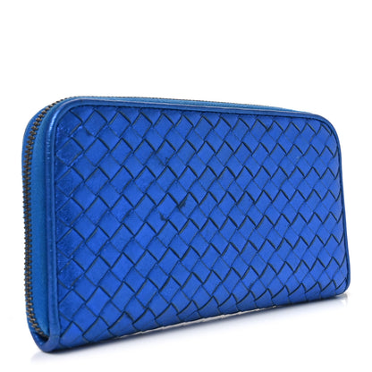 Bottega Veneta Metallic Grosgrain Intrecciato Zip Around Wallet Cobalt 3 of 10