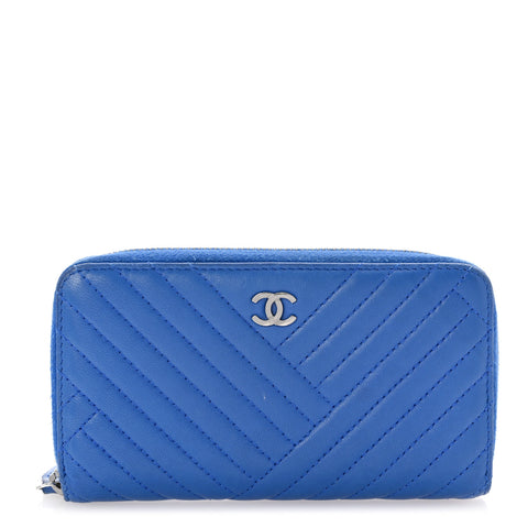 Lambskin Quilted CC Crossing Small Zip Around Wallet Blue