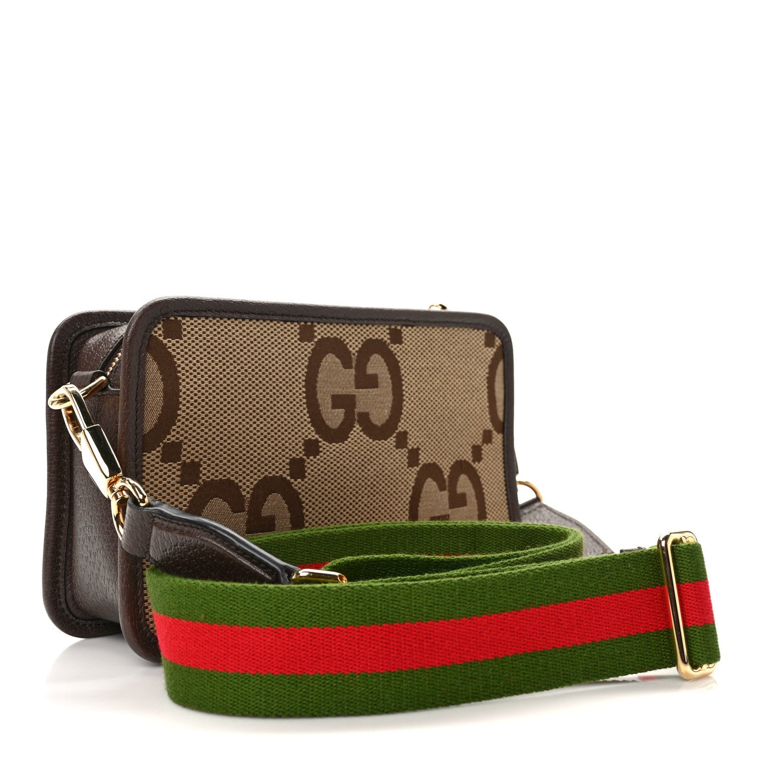 Gucci Monogram Jumbo GG Textured Dollar Calfskin Web Mini Crossbody Bag Camel Ebony New Acero 3 of 16