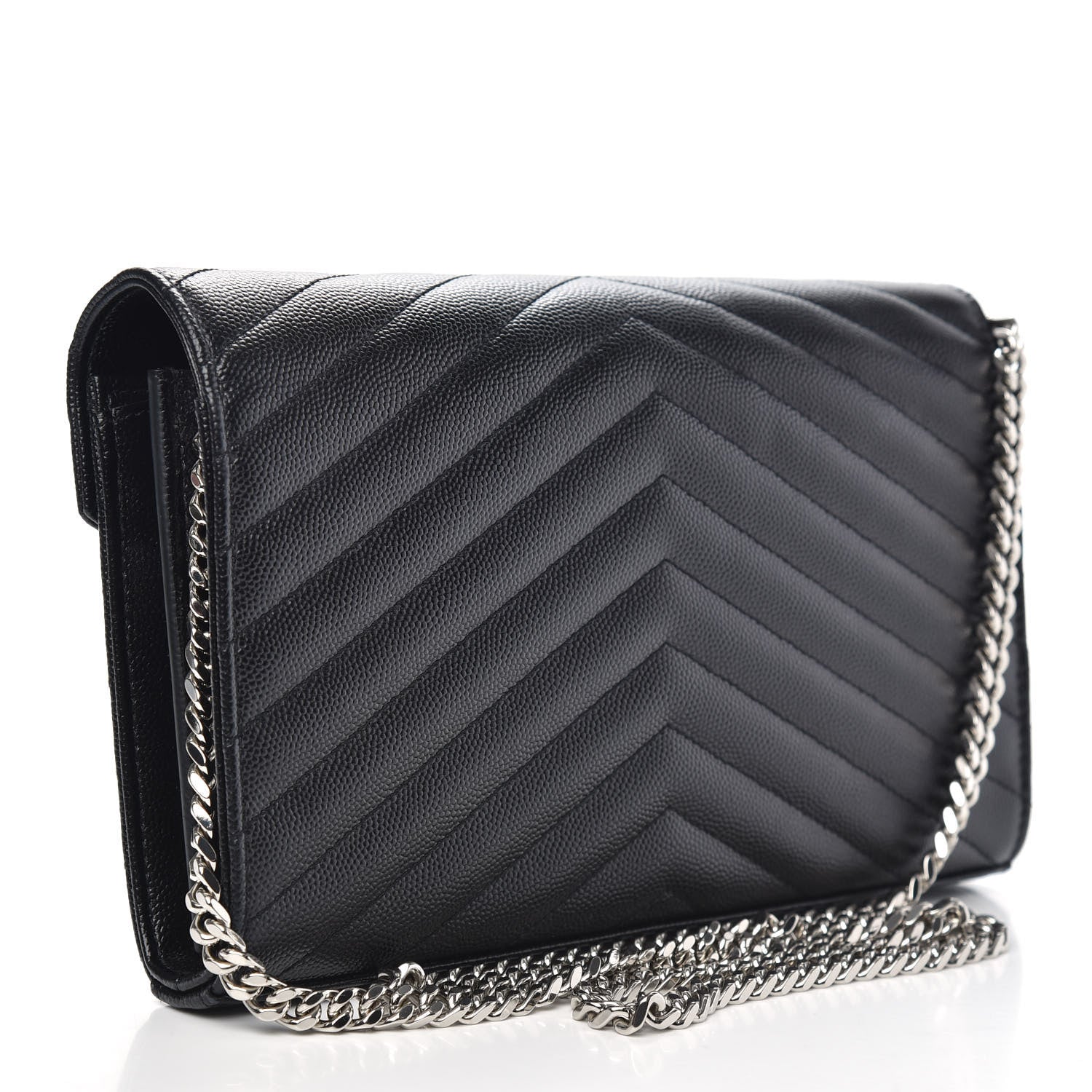 Saint Laurent Grain De Poudre Matelasse Chevron Monogram Chain Wallet Black 3 of 10