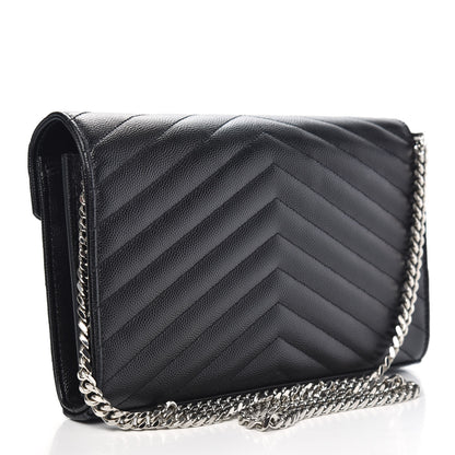 Saint Laurent Grain De Poudre Matelasse Chevron Monogram Chain Wallet Black 3 of 10
