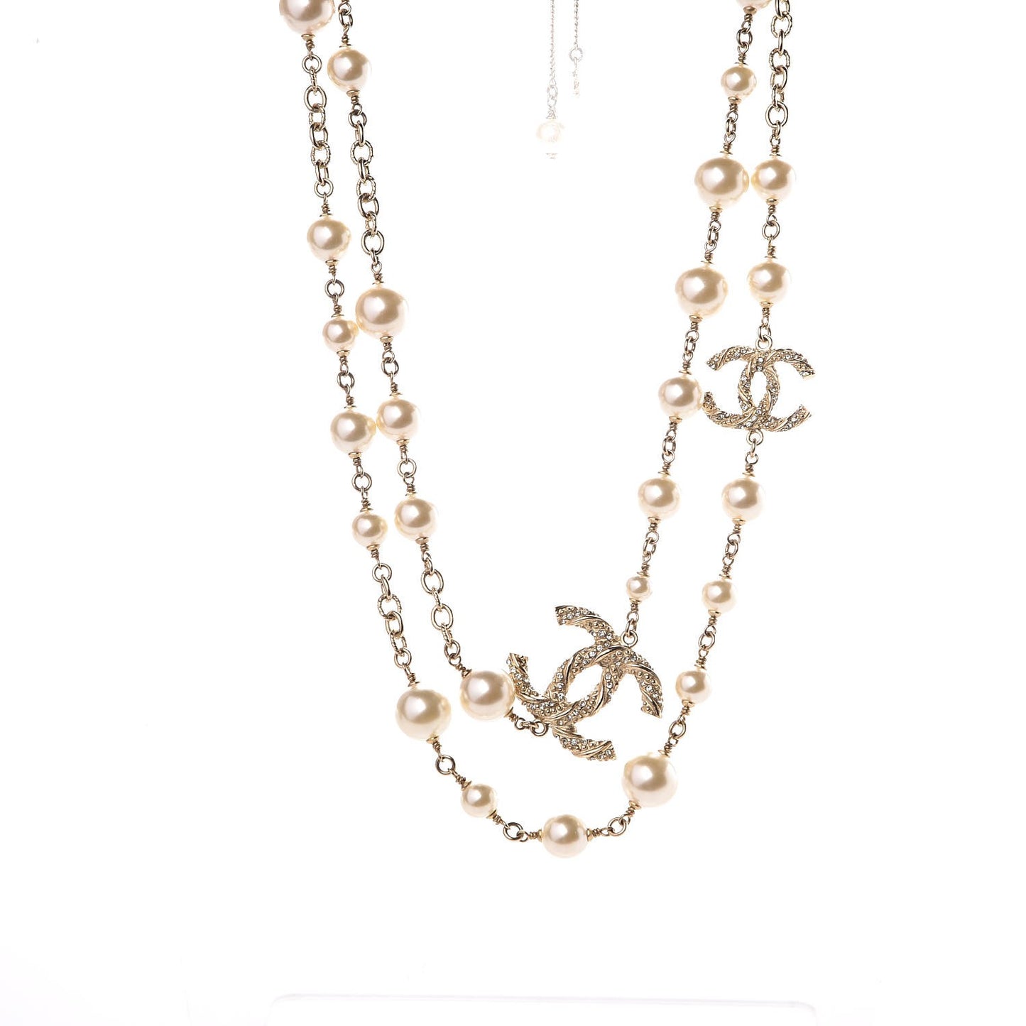 Graduated Pearl Crystal Twisted CC Long Necklace in Gold