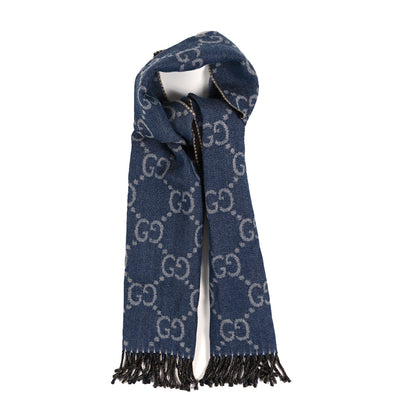 Gucci Wool Jacquard GG Monogram Scarf Navy Brown 1 of 3