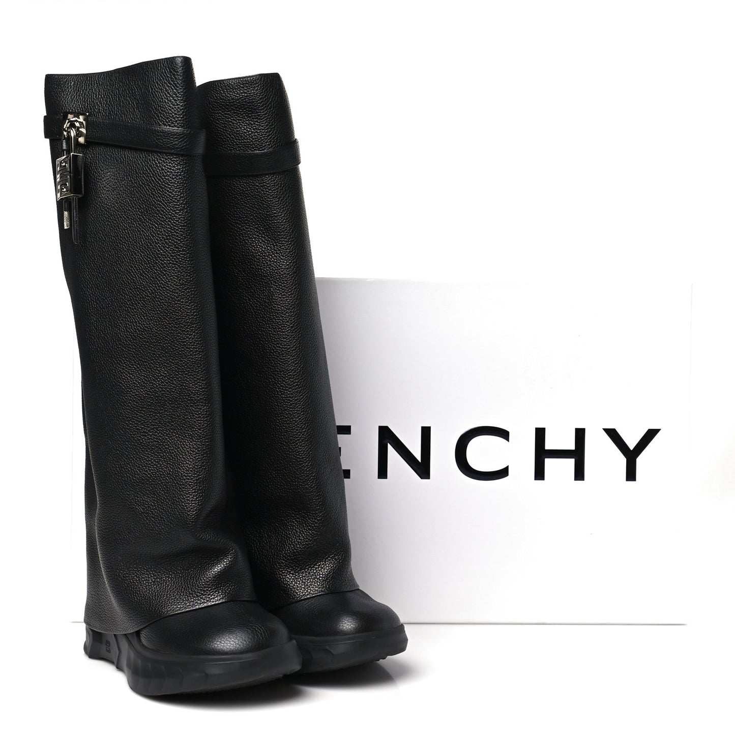 Grained Calfskin Shark Lock Biker Knee Boots 41 Black