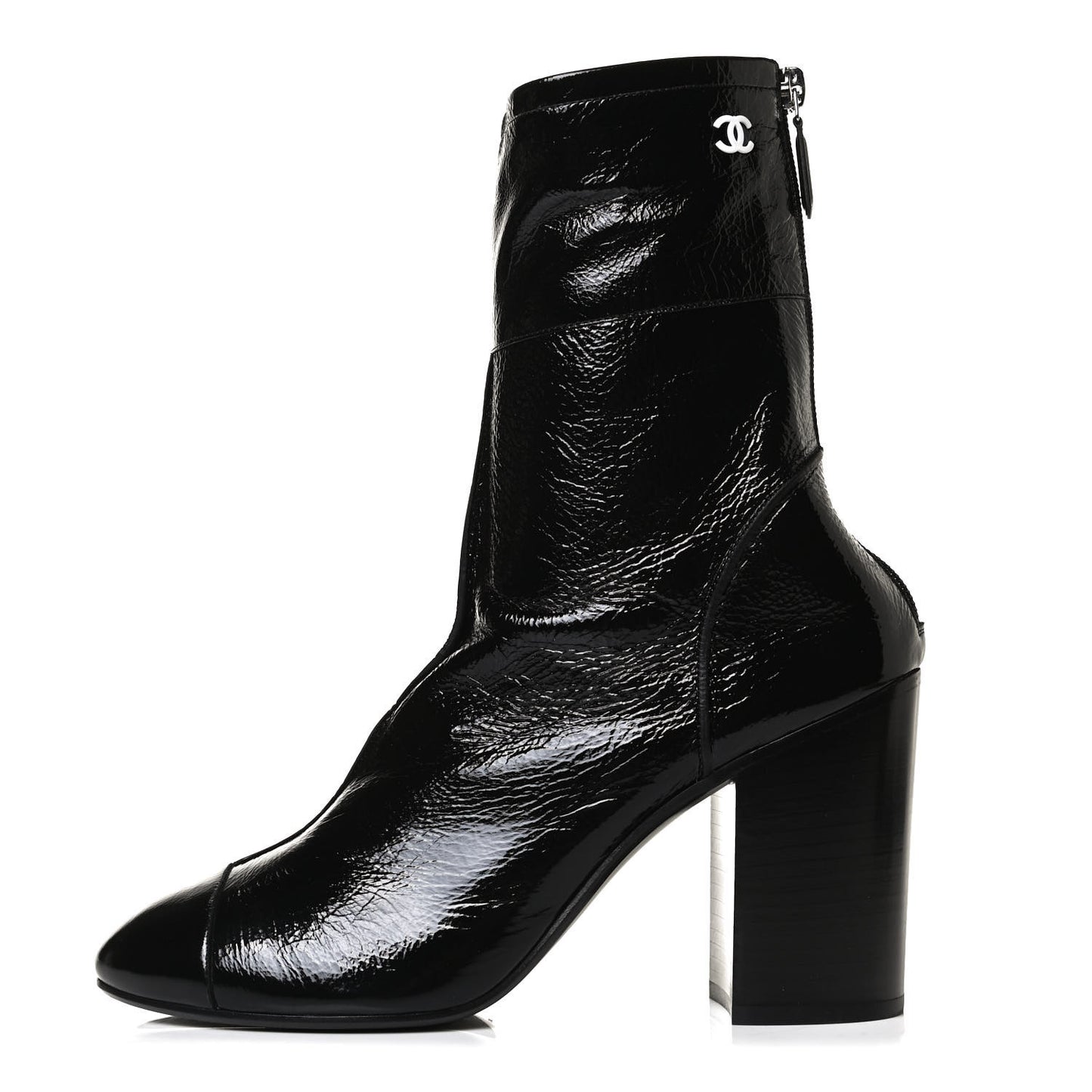 Shiny Crumpled Calfskin CC Cap Toe Short Boots 40.5 Black