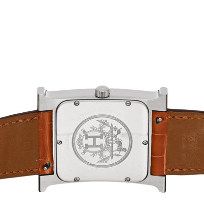 Hermes Stainless Steel Alligator Diamond Mother of Pearl 30.5mm Heure H Hour Quartz Watch Orange 4 of 4