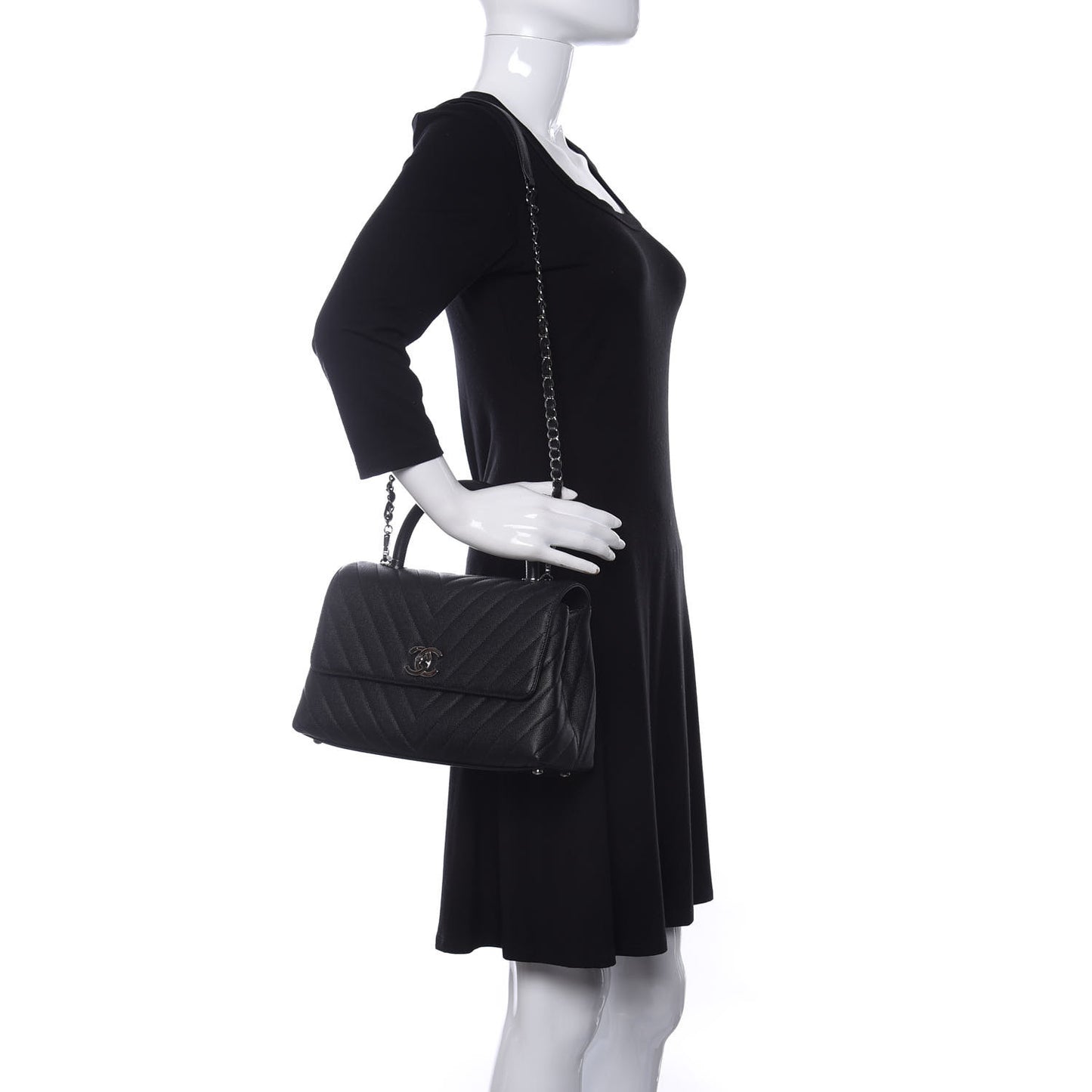 Caviar Chevron Quilted Small Coco Handle Flap Black