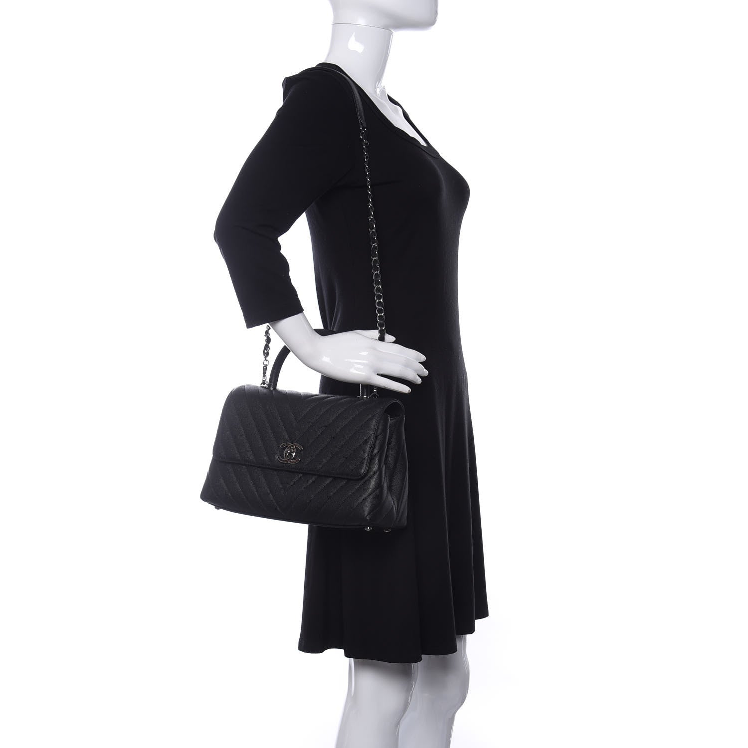 Chanel Caviar Chevron Quilted Small Coco Handle Flap Black 2 of 11