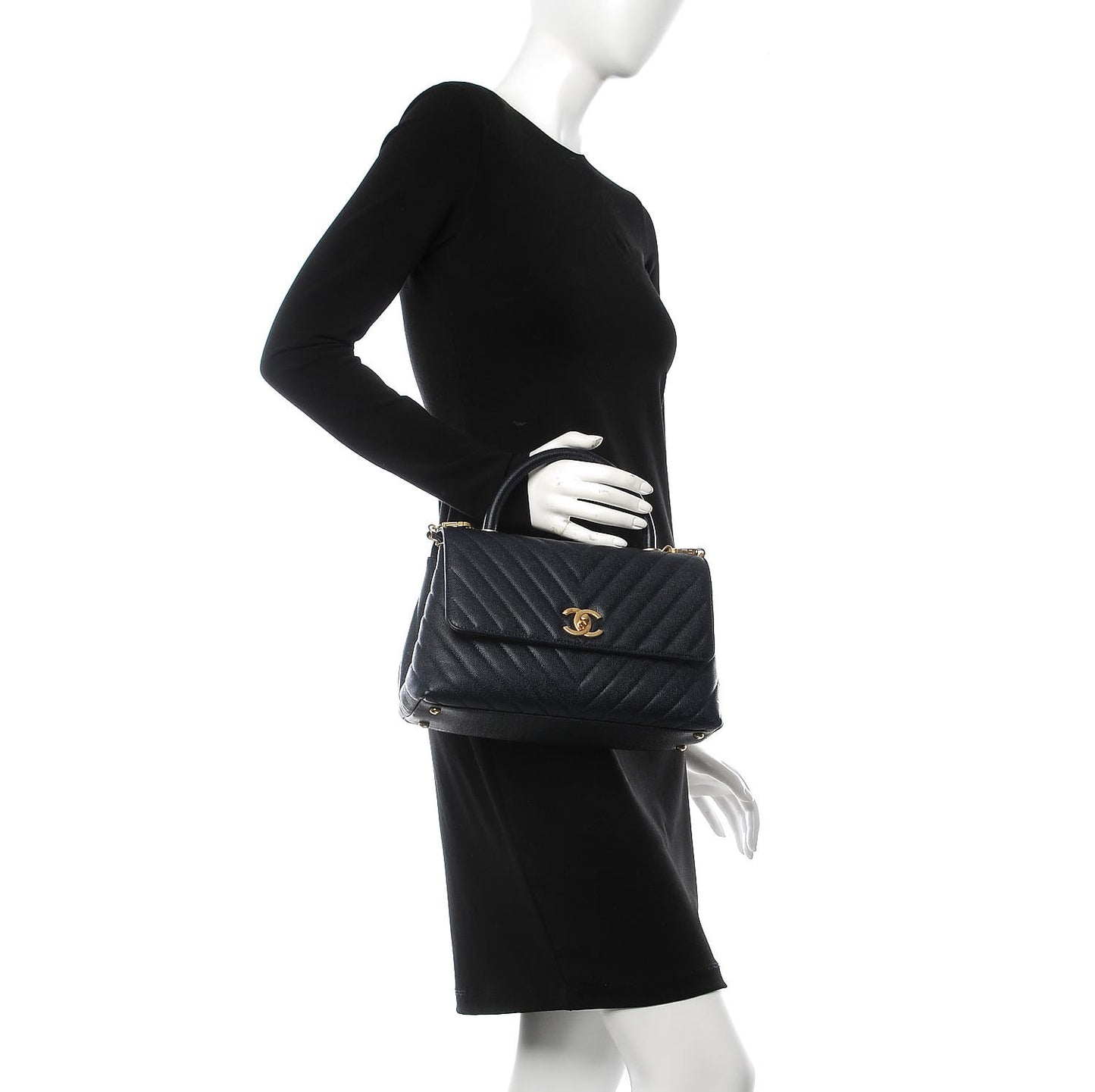 Caviar Chevron Quilted Small Coco Handle Flap Navy