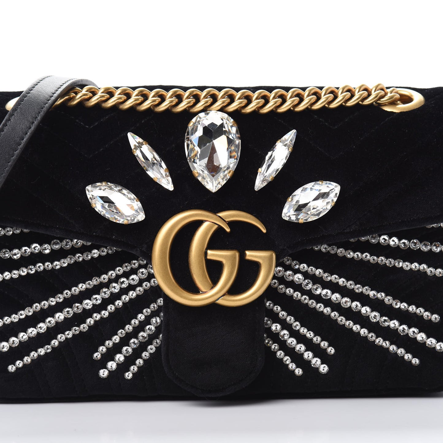 Velvet Matelasse Marquise Crystals Embroidered Small GG Marmont Shoulder Bag Black