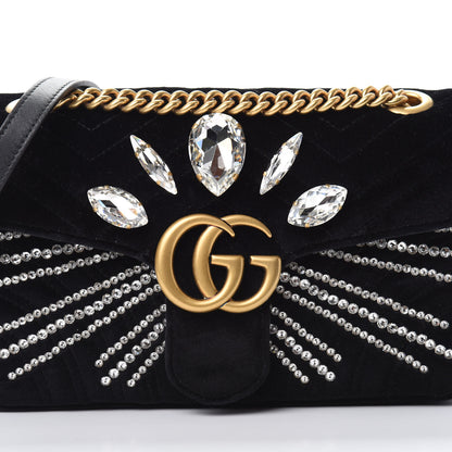 Gucci Velvet Matelasse Marquise Crystals Embroidered Small GG Marmont Shoulder Bag Black 8 of 10