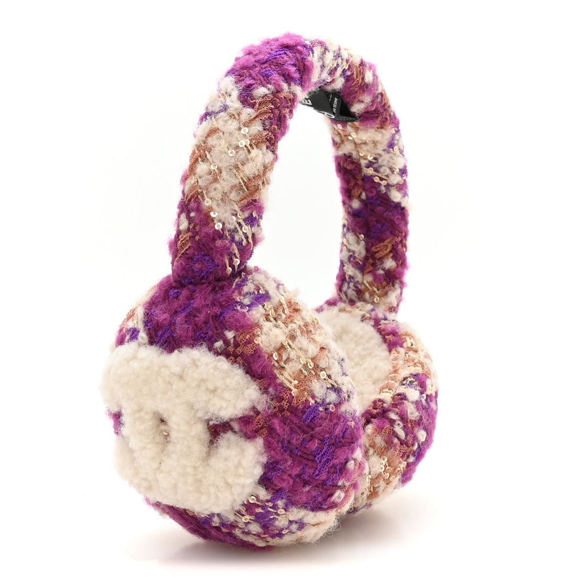 Chanel Tweed Shearling CC Ear Muffs Ecru Purple Dark Fuchsia Dark Pink 5 of 6