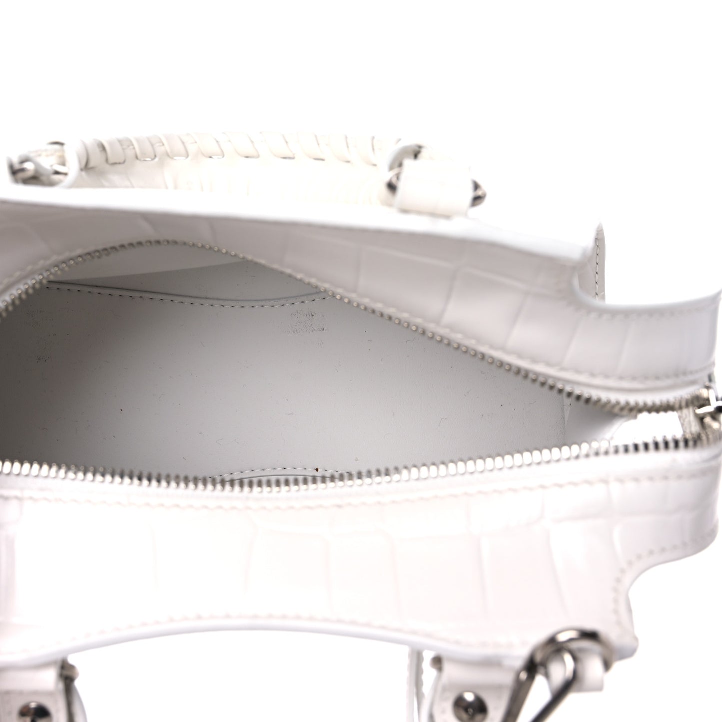 Semi Shiny Calfskin Crocodile Embossed Neo Classic Silver Hardware Mini City White