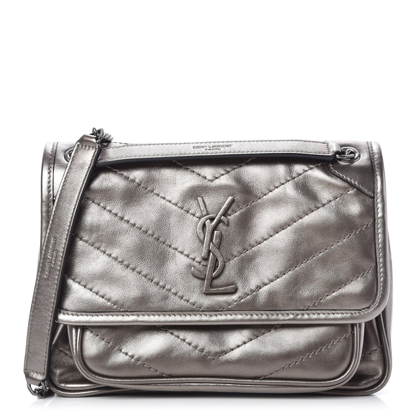 Crinkled Calfskin Matelasse Monogram Baby Niki Chain Satchel Platinum