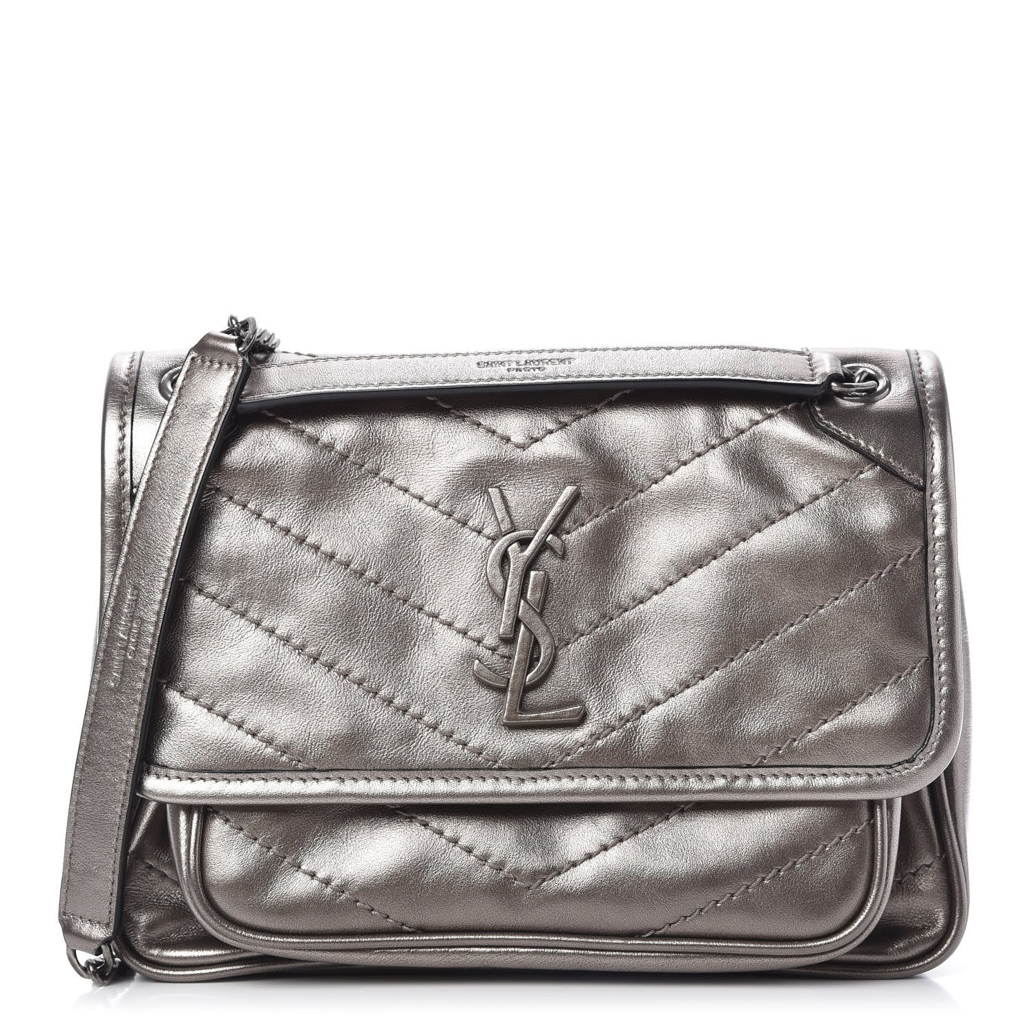 Saint Laurent Crinkled Calfskin Matelasse Monogram Baby Niki Chain Satchel Platinum 1 of 11