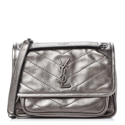 Saint Laurent Crinkled Calfskin Matelasse Monogram Baby Niki Chain Satchel Platinum 1 of 11