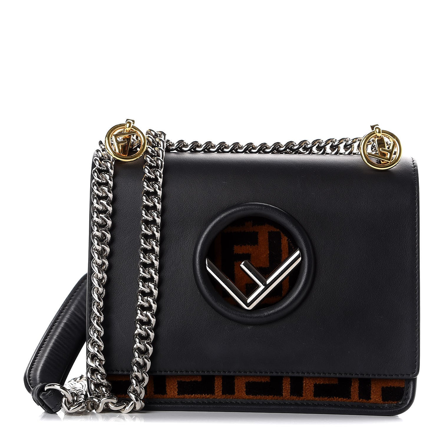 Fendi Vitello Century Velvet F is Fendi FF Small Kan I Shoulder Bag Black Tobacco 1 of 9