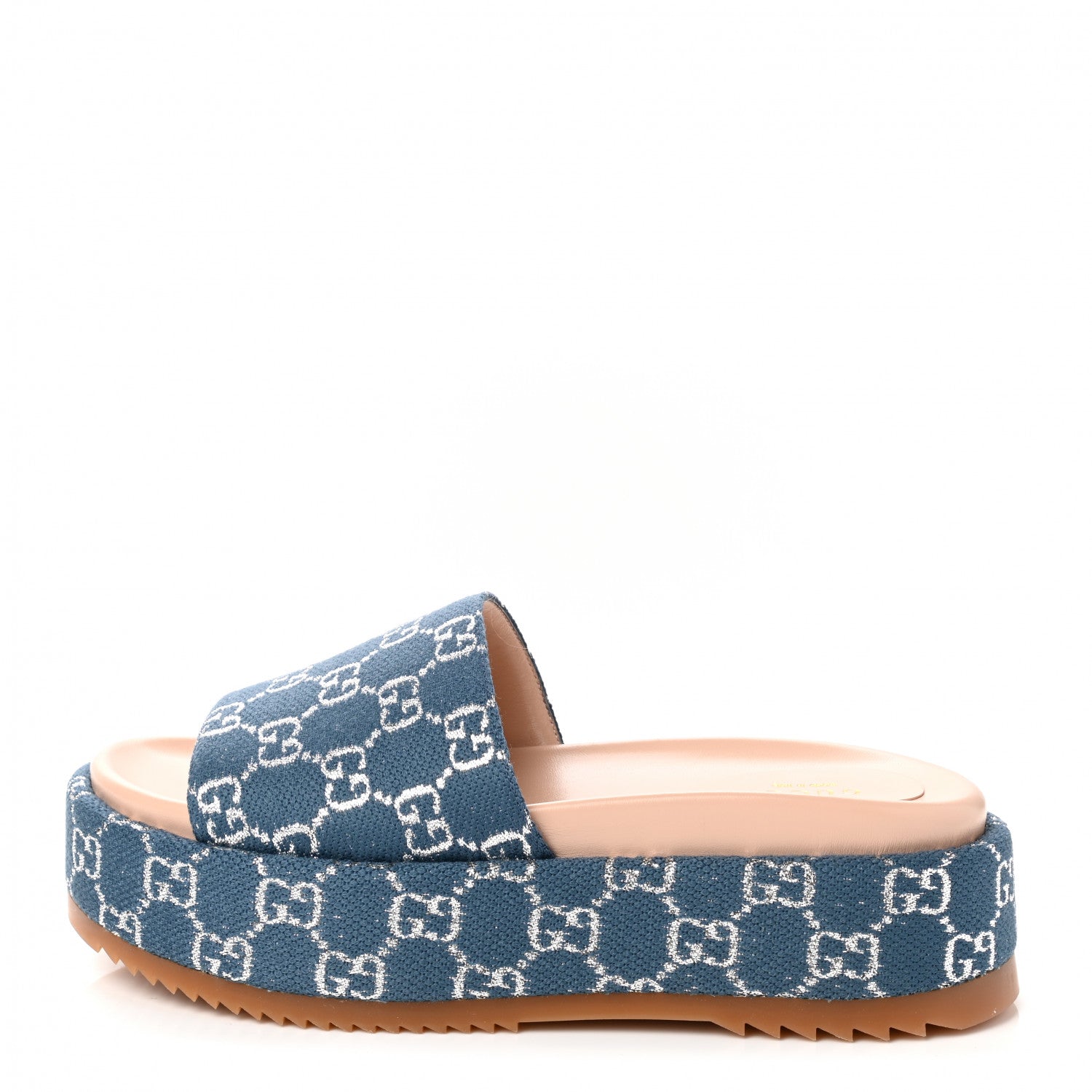 Gucci Canvas Lame GG Monogram Angelina Platform 55mm Slide Sandals 38 Blue Silver 1 of 9