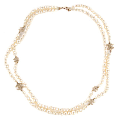 Chanel Pearl Crystal CC Double Strand Necklace Silver 3 of 7