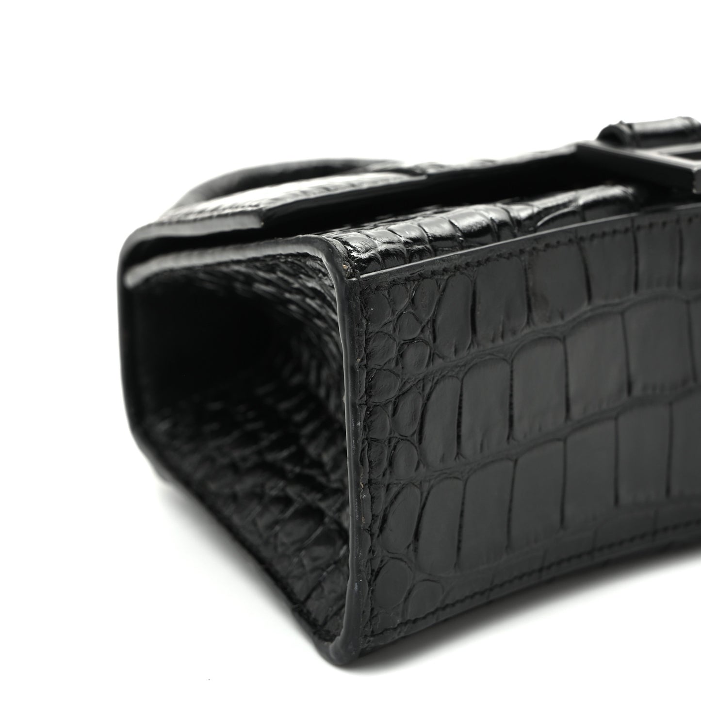 Shiny Calfskin Monochrome Crocodile Embossed Hourglass Top Handle Bag XS Black