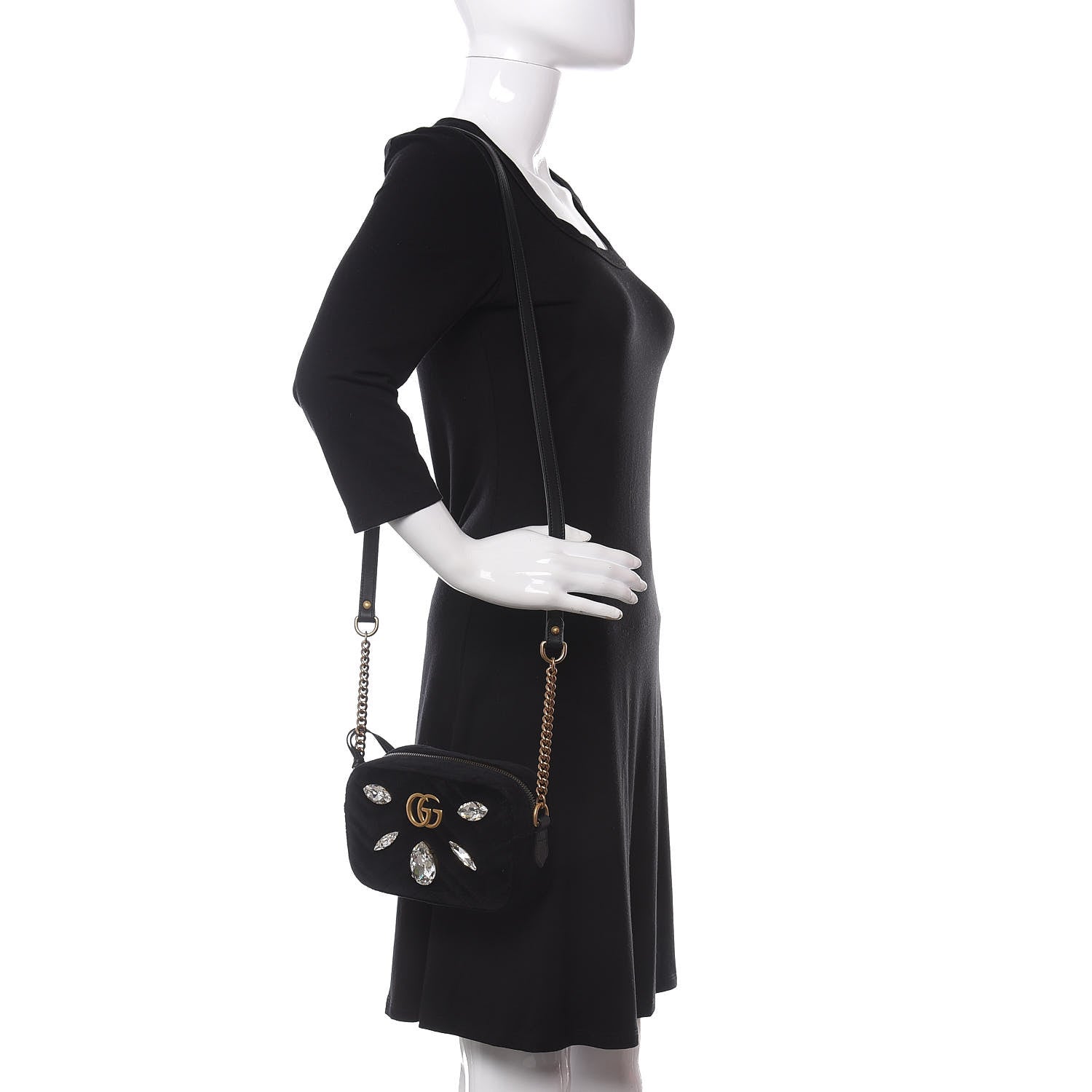Gucci Velvet Matelasse Marquise Crystals Mini GG Marmont Chain Shoulder Bag Black 2 of 10
