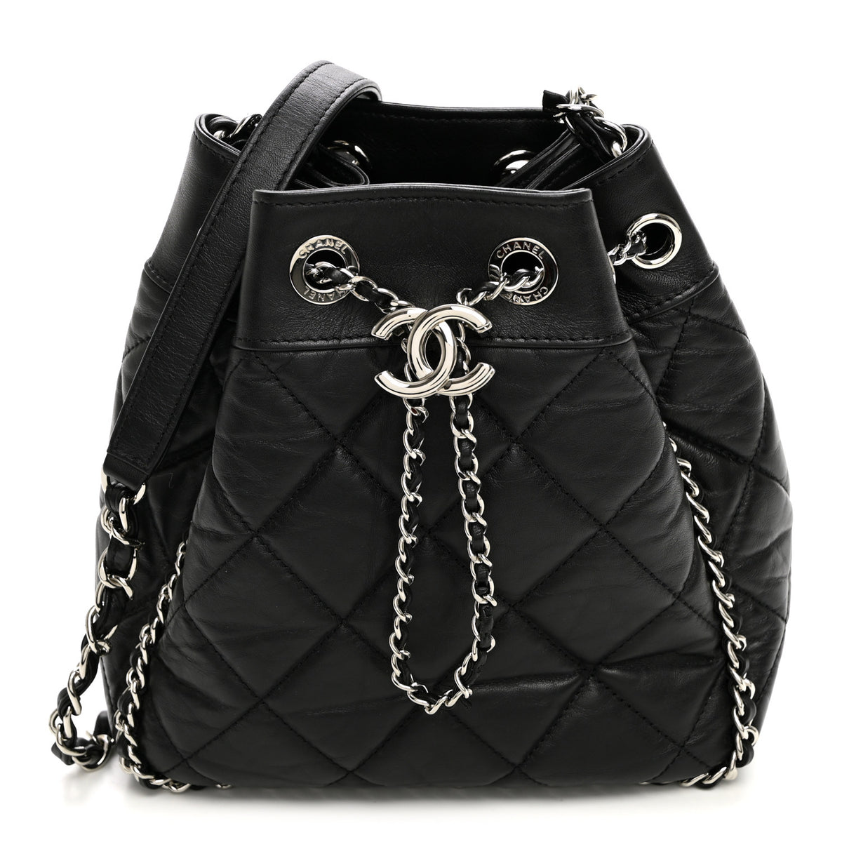 Chanel Crumpled Calfskin Quilted Chain All Over Drawstring Bucket Bag Black 1 of 10