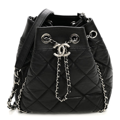 Chanel Crumpled Calfskin Quilted Chain All Over Drawstring Bucket Bag Black 1 of 10