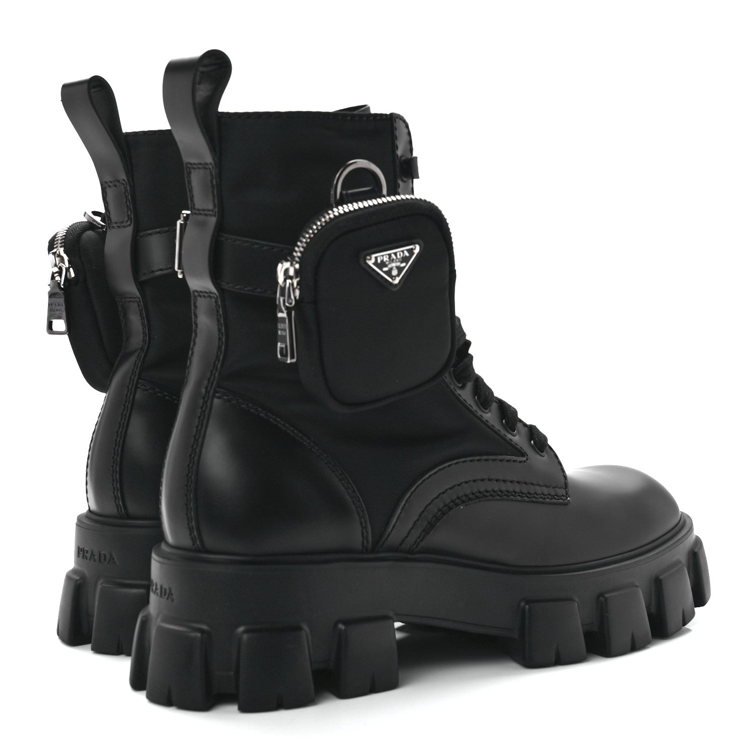 Prada Spazzolato Rois Re-Nylon Metal Triangle Logo Mens Monolith Pouch Pocket 60mm Combat Boots 8.5 Black 4 of 9