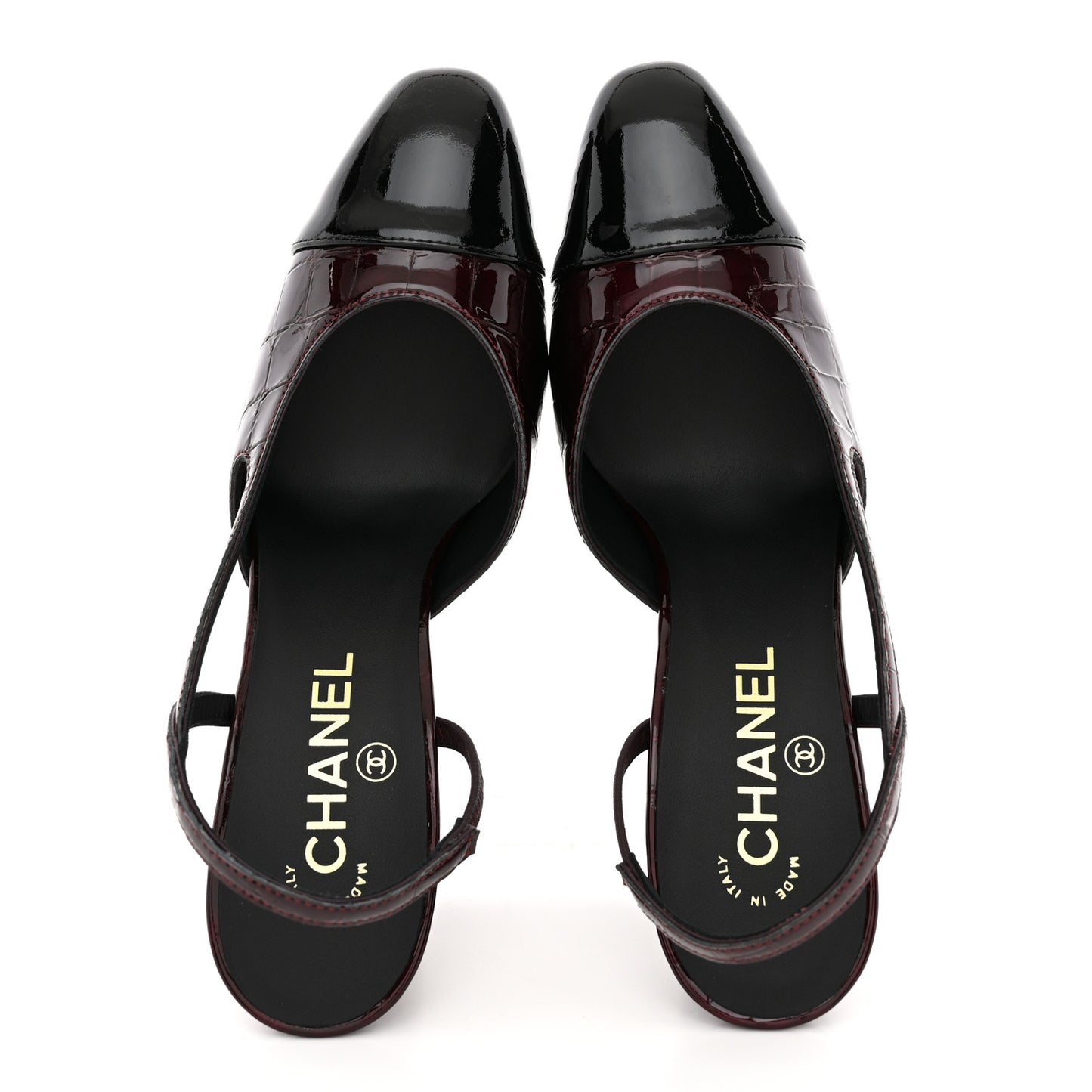 Patent Calfskin Crocodile Embossed Cap Toe CC Slingback Pumps 37.5 Dark Burgundy Black