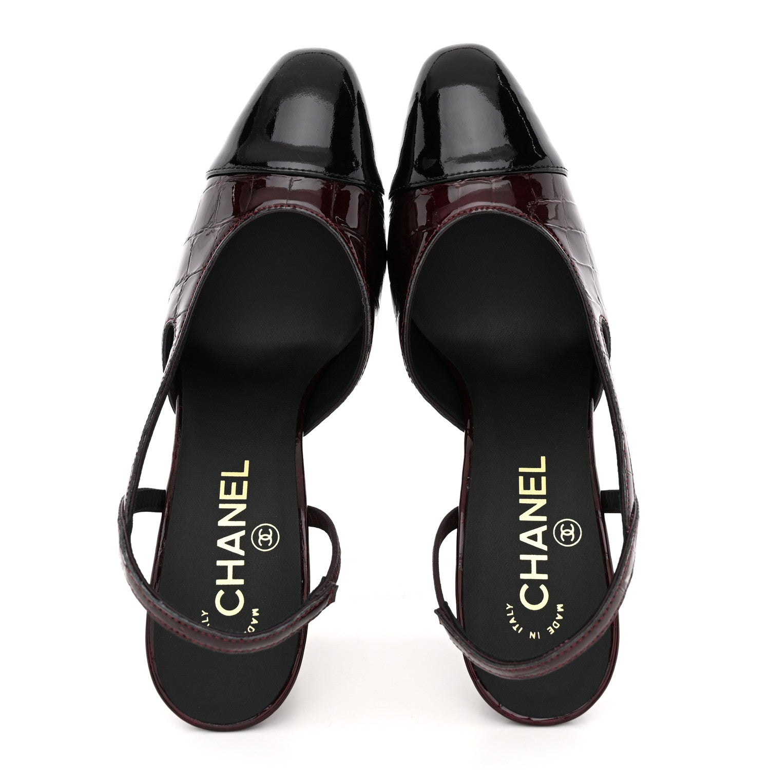 Chanel Patent Calfskin Crocodile Embossed Cap Toe CC Slingback Pumps 37.5 Dark Burgundy Black 2 of 11