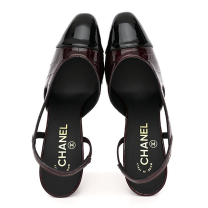 Chanel Patent Calfskin Crocodile Embossed Cap Toe CC Slingback Pumps 37.5 Dark Burgundy Black 2 of 11