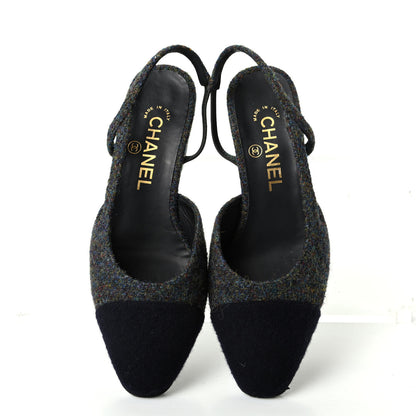 Chanel Tweed Cap Toe CC Slingback Pumps 36 Black Dark Grey 5 of 11