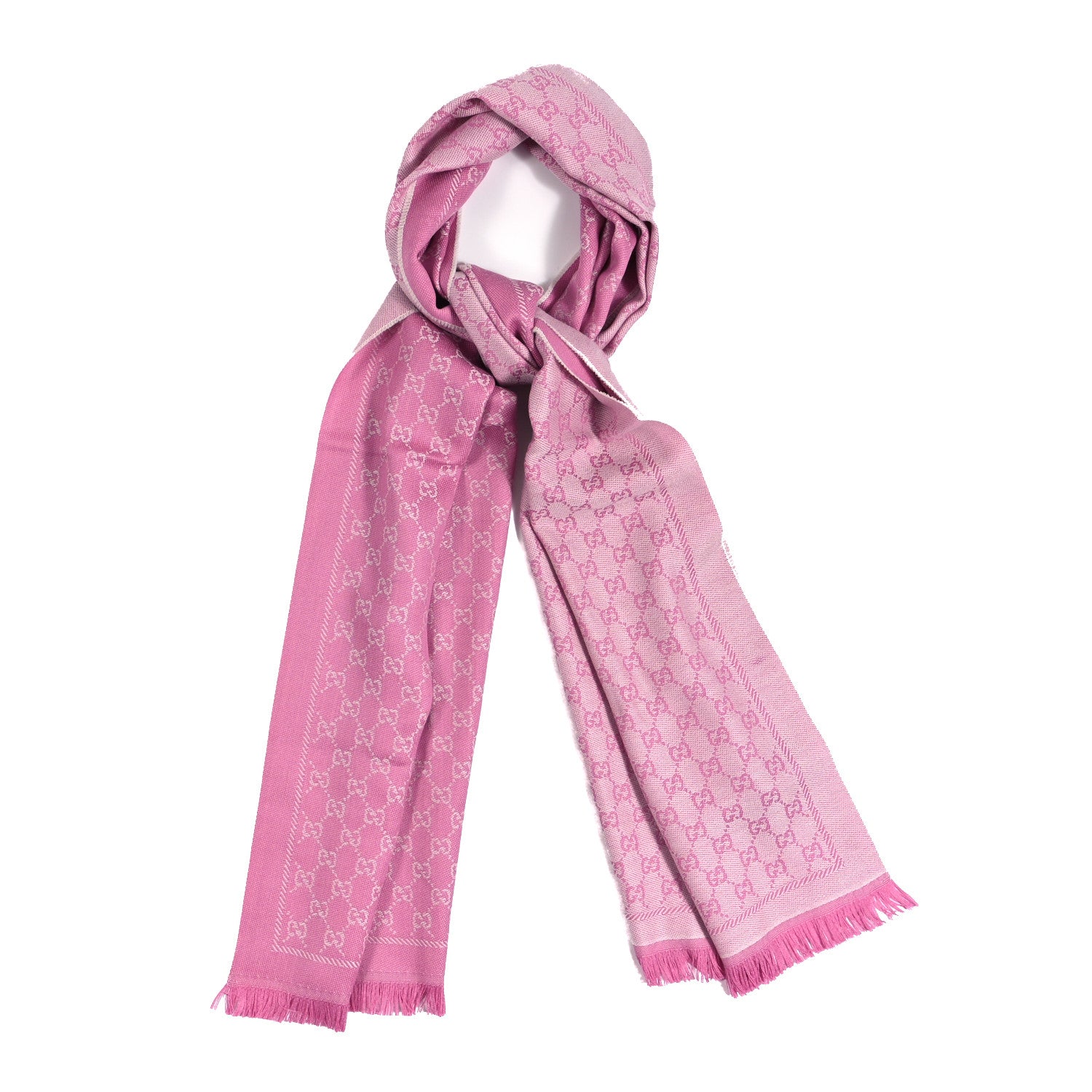 Gucci Wool Jacquard GG Monogram Reversible New Sten Fringe Scarf Ivory Pink 1 of 3