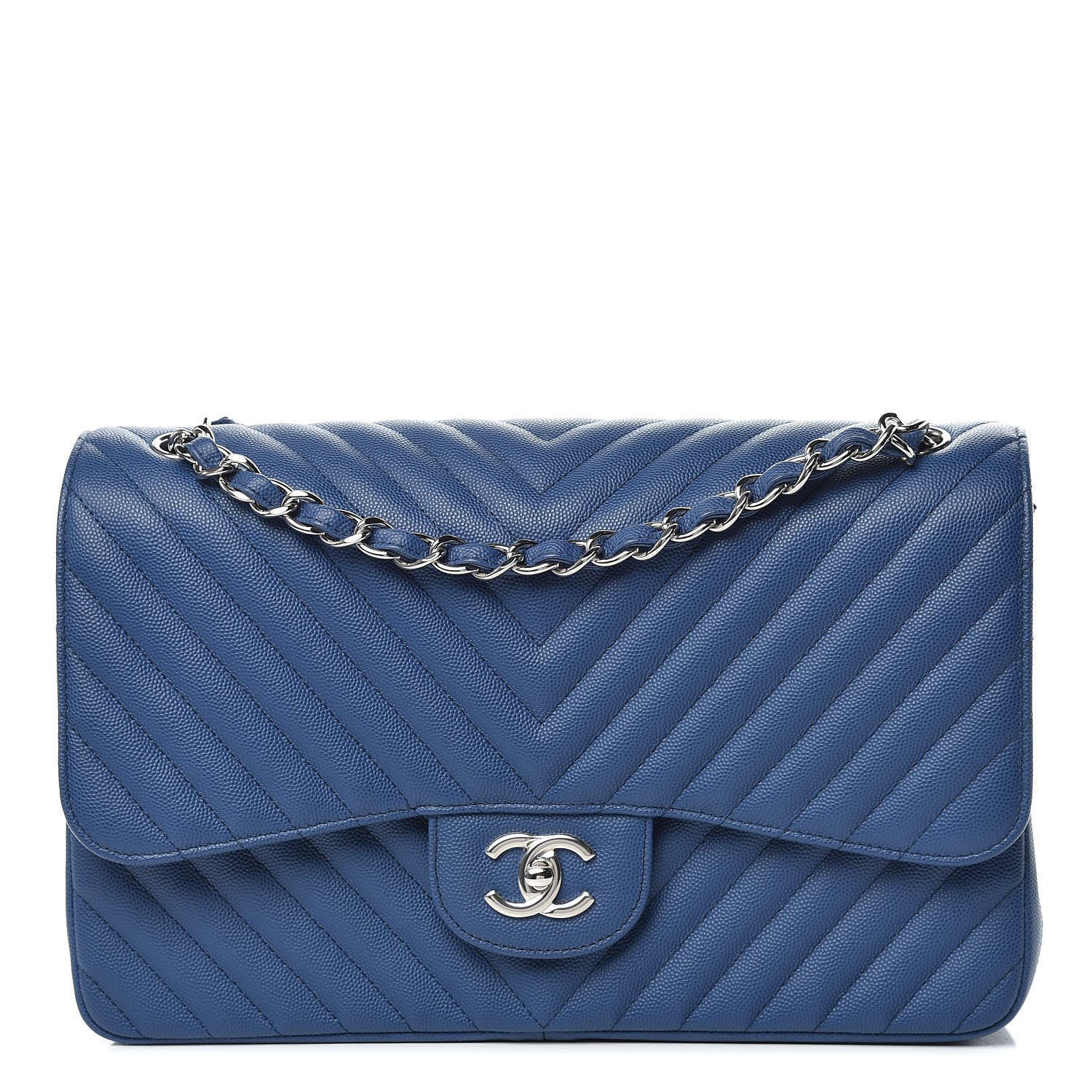 Chanel Caviar Chevron Quilted Jumbo Double Flap Blue 1 of 14