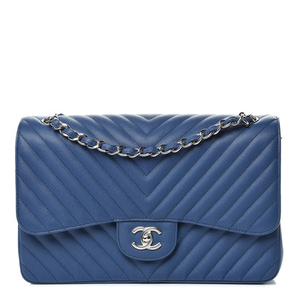 Chanel Caviar Chevron Quilted Jumbo Double Flap Blue 1 of 14