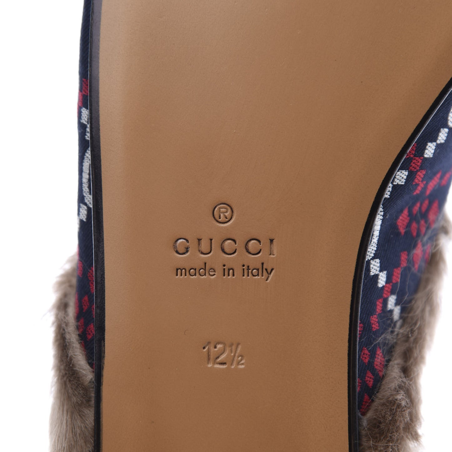 Canvas GG Monogram Diamond Fur Web GG Mens Princetown Slippers 12.5 Midnight Blue Hibiscus Red