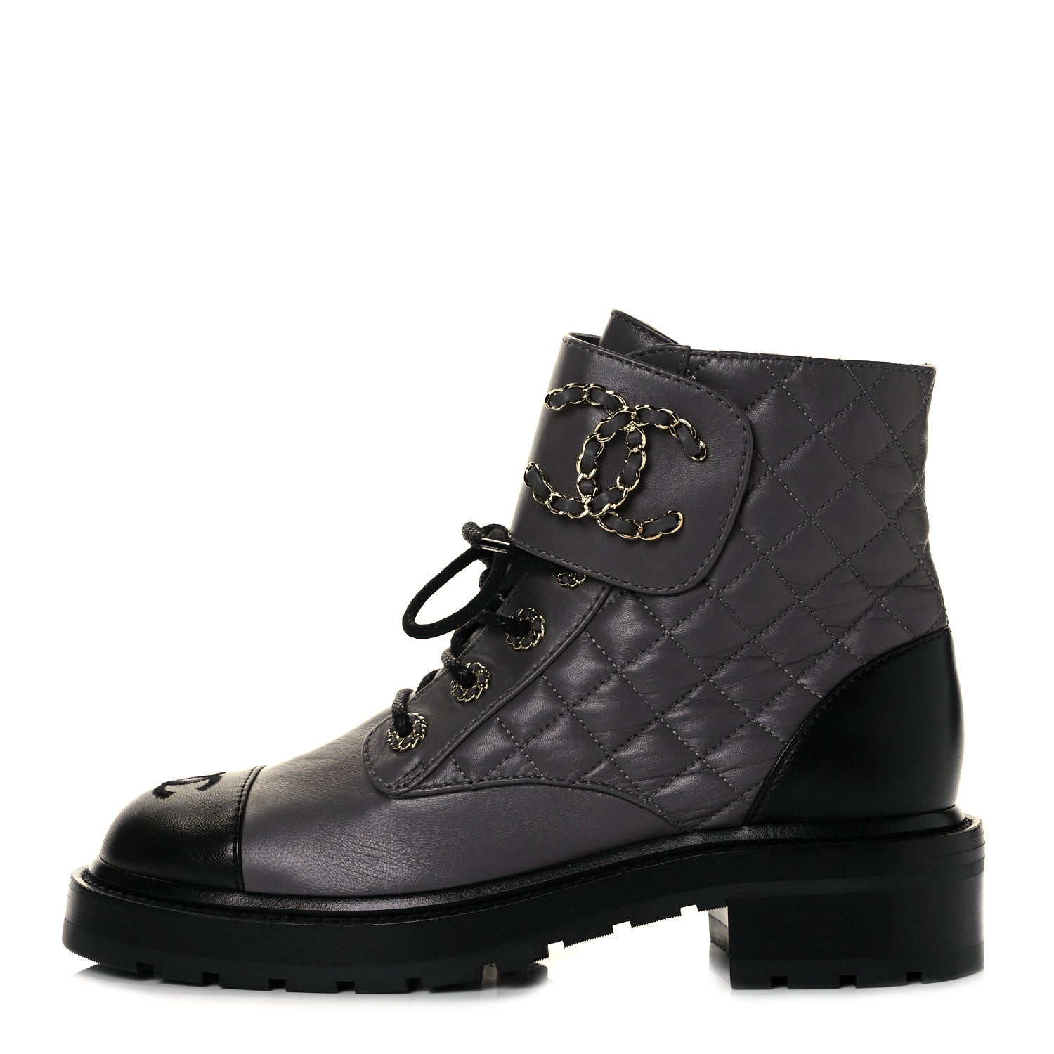 Chanel Shiny Lambskin Quilted Lace Up Combat Boots 38.5 Grey Black 1 of 8