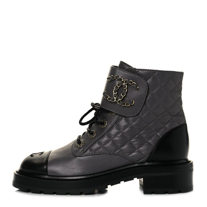 Chanel Shiny Lambskin Quilted Lace Up Combat Boots 38.5 Grey Black 1 of 8