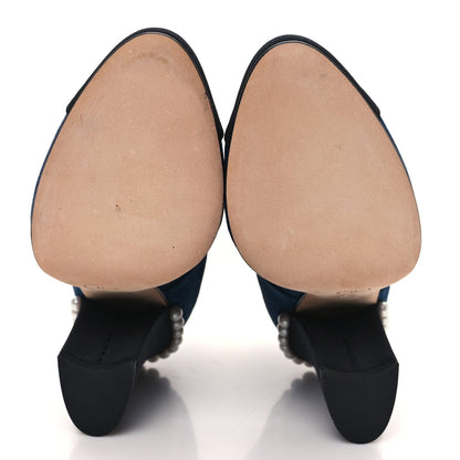 Chanel Suede Grosgrain Pearl Lace Up Booties 36 Dark Blue Black 5 of 8