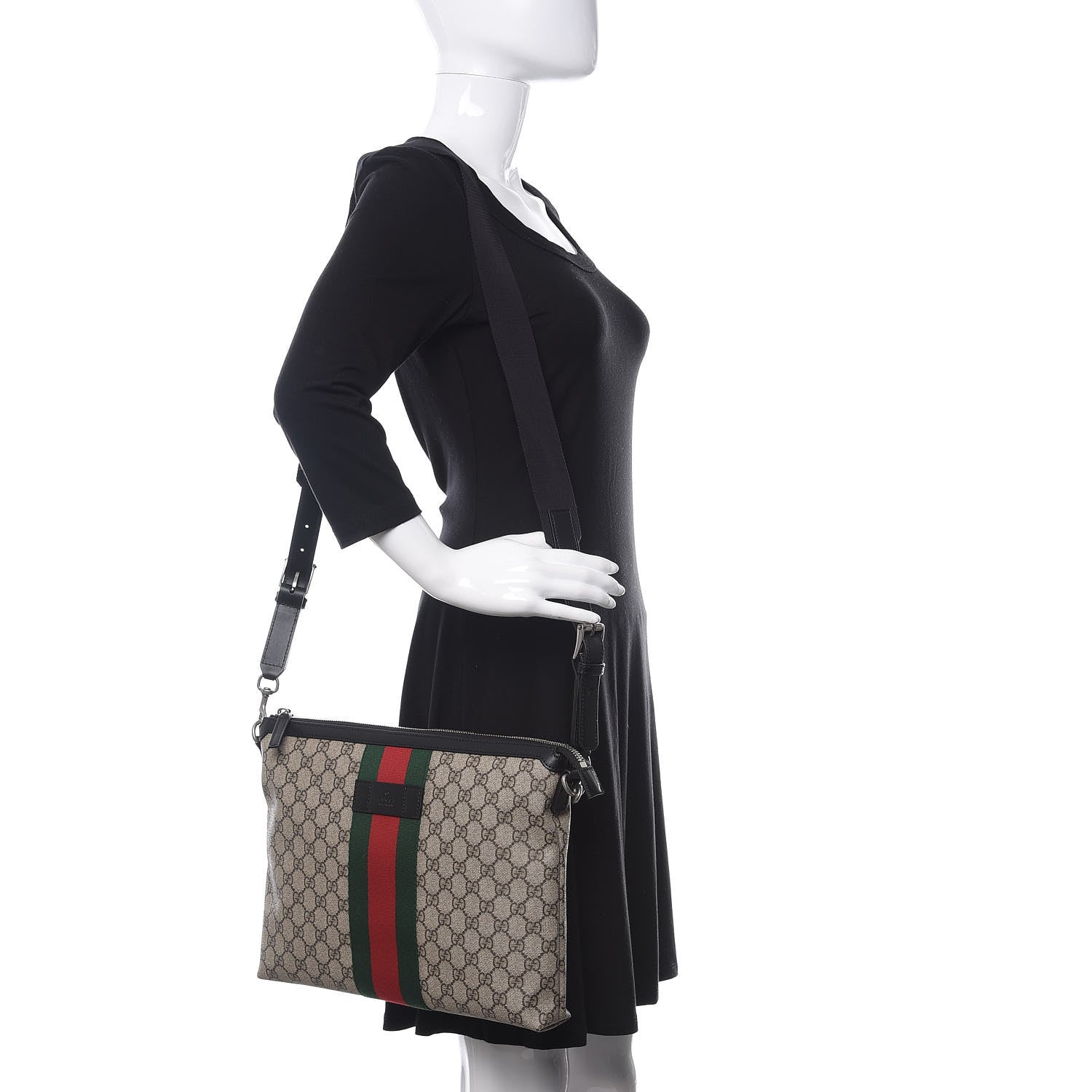 Gucci GG Supreme Monogram Calfskin Web Medium Flat Messenger Bag Beige Ebony Black 2 of 10