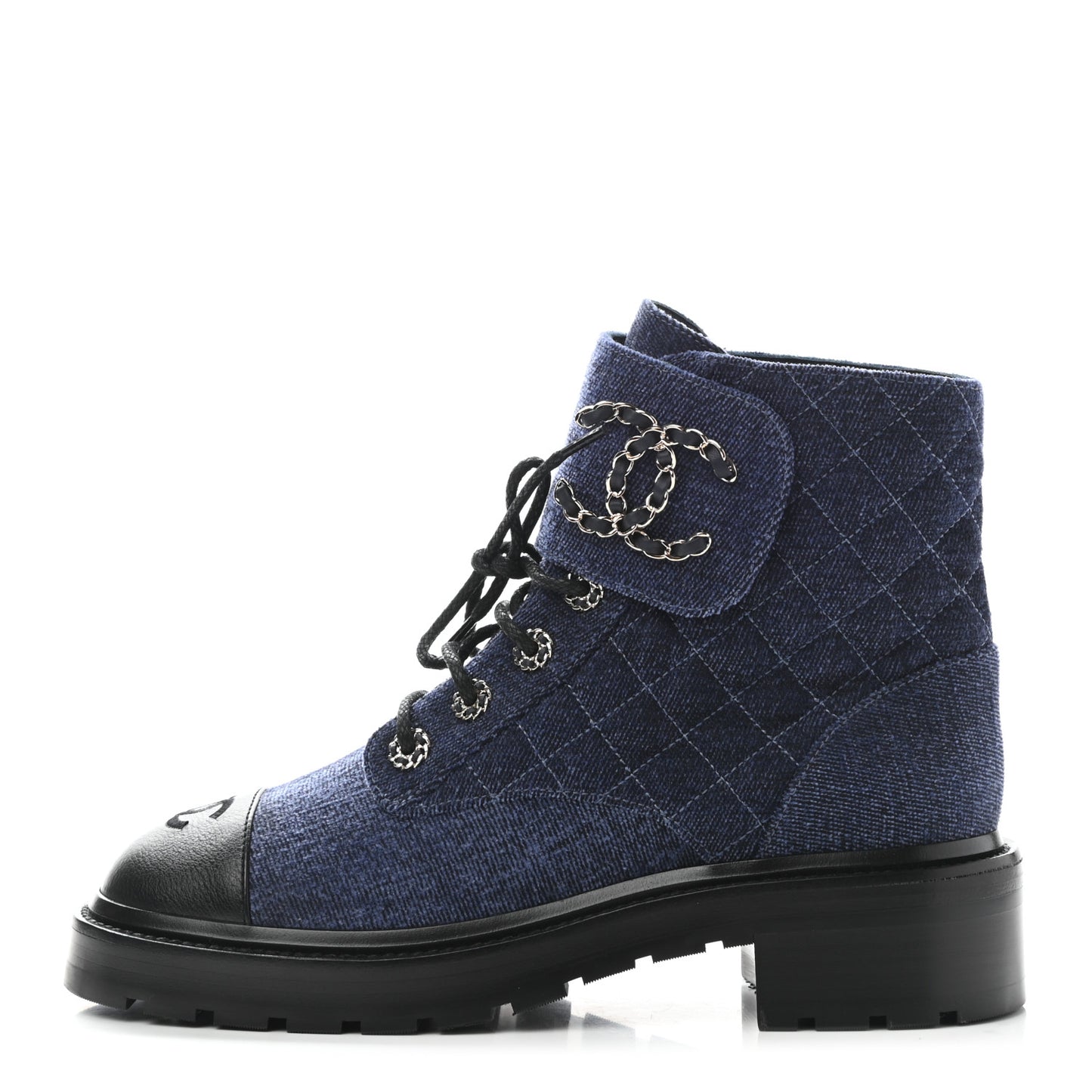 Denim Calfskin Quilted Lace Up Combat Boots 39 Blue