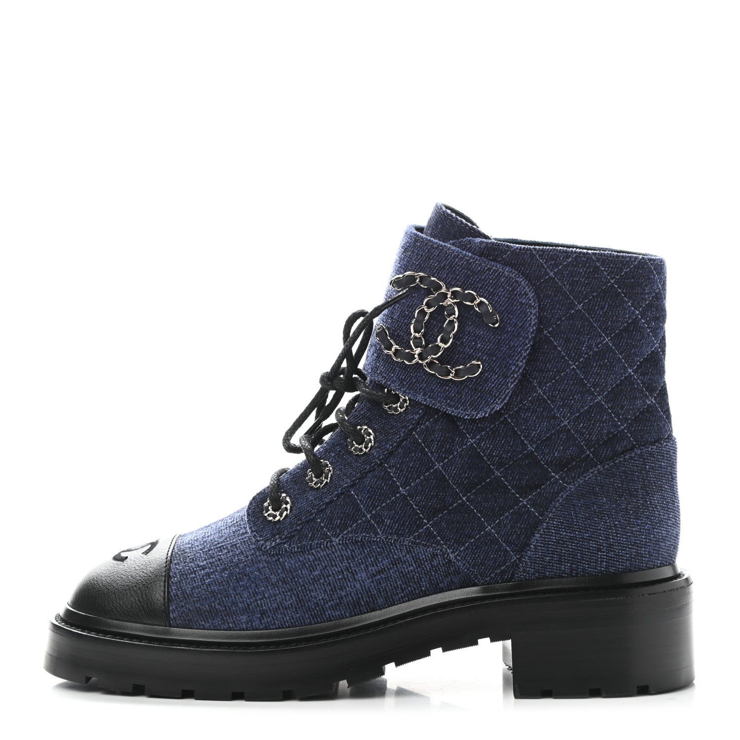Chanel Denim Calfskin Quilted Lace Up Combat Boots 39 Blue 1 of 9