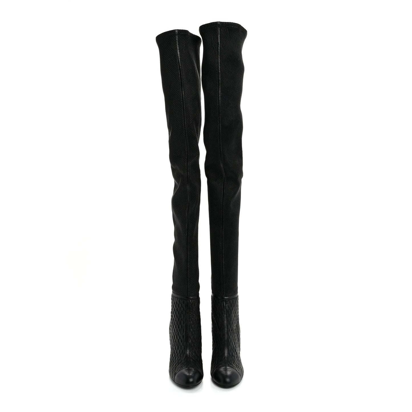 Calfskin Embossed Cap Toe CC Over The Knee Boots  40 Black